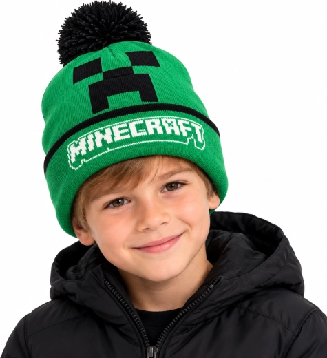 Children's winter Minecraft Creeper beanie with pom-pom