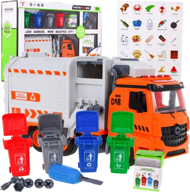 Interaktīva atkritumu savācēja mašīna bērniem 3+ ar 4 konteineriem un šķirošanas kartītēm