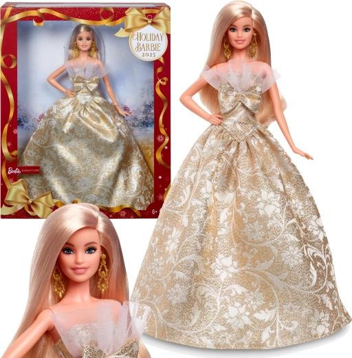Barbie Signature Holiday Joyeux Noel Collectible Doll in Gold and White Dress