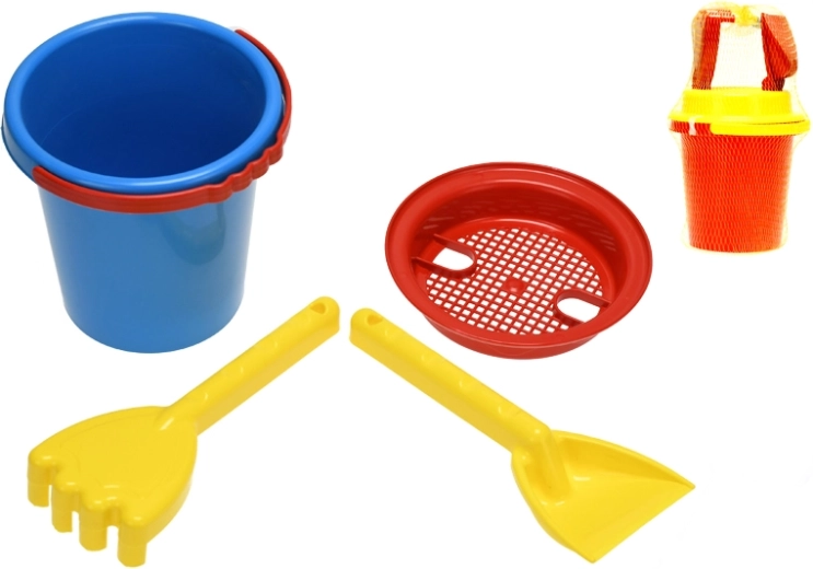 Bērnu smilšu komplekts tīkliņā (spainītis, siets, lāpstiņa, grābeklītis) 14 cm