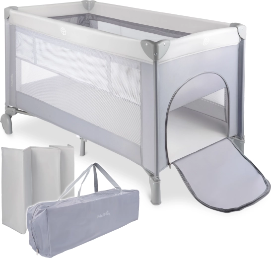 Ceļojuma bērnu gultiņa PILO, pelēka, 2 režģa līmeņi