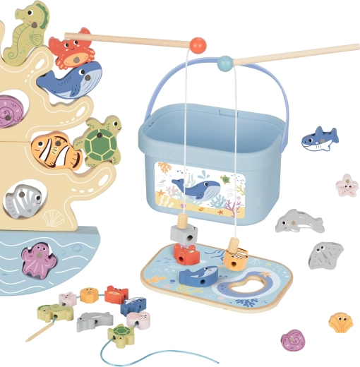 Wooden Ocean 3-in-1 Set: Balancing Tower, Magnetic Fishing and Lacing – 23 Pieces