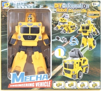 Saliekams skrūvējams robots dzeltens 2 vienā – kravas auto ar ekskavatoru