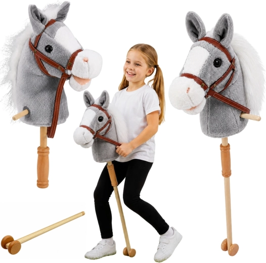 Pelēks Hobby Horse – zirgs uz kāta 100 cm ar skaņām un riteņiem