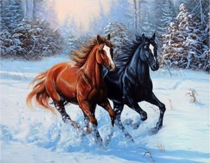 Paint by Numbers – Horses Galloping in the Snow 40 × 50 cm