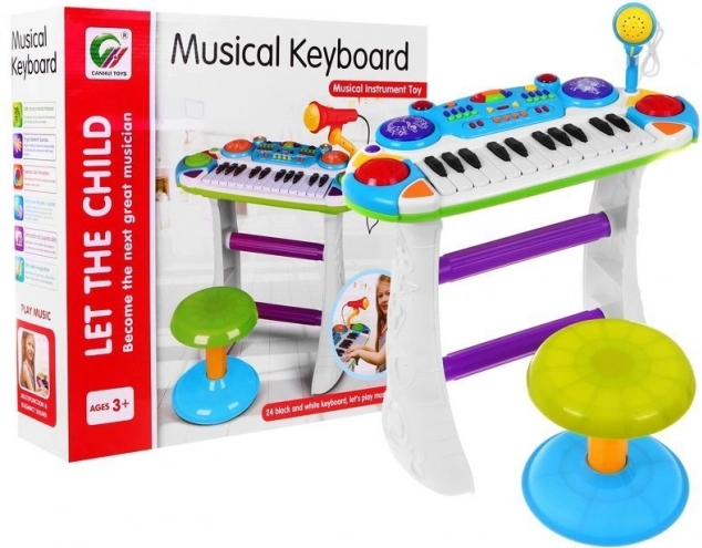 Zils muzikālais komplekts Keyboard + Bungas + Mikrofons bērniem no 3 gadu vecuma, gaismas + skaņas, 2 oktāvas
