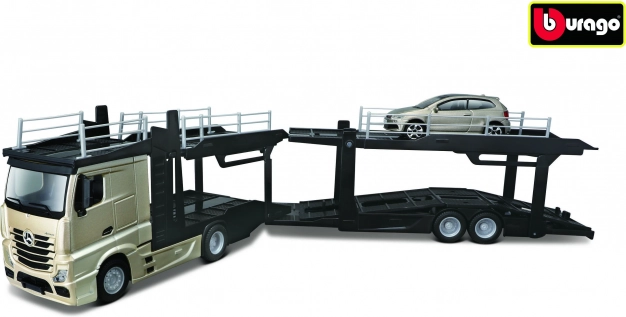 Bburago Street Fire kravas auto ar piekabi Multicar Carrier Mercedes‑Benz Actros + VW Polo GTI 1:43