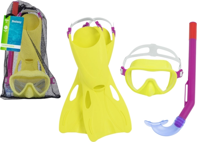 Bērnu snorkelēšanas komplekts BESTWAY – maska, snorkelis un pleznas, dzeltens