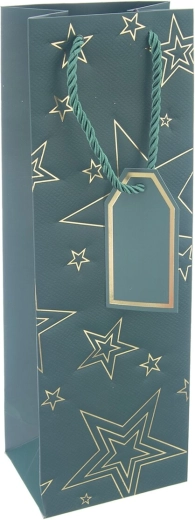 Gift paper wine bag with star motif, green, 12 × 9 × 36 cm
