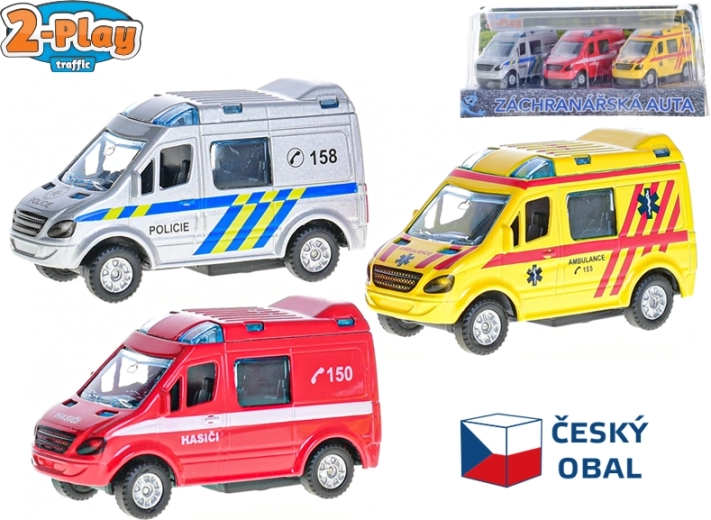 Metāla glābšanas dienestu auto komplekts 2-Play Traffic 8 cm ar atpakaļuzvilkšanas mehānismu