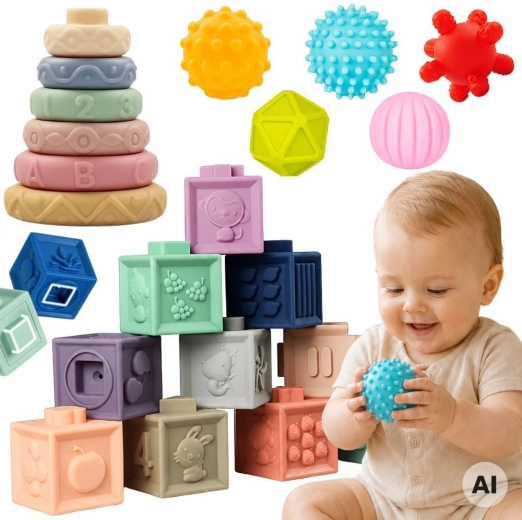 Woopie Baby mīkstie sensorie klucīši un košļājamie graužamie – komplekts 23 gab.