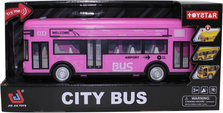 Rozā pilsētas autobuss ar skaņām un gaismām