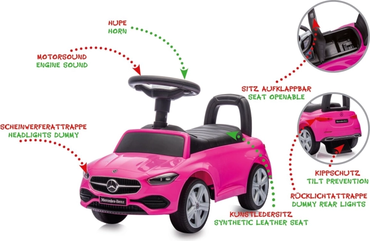 Bērnu Mercedes-Benz C-Class rozā braucamais auto 2 vienā