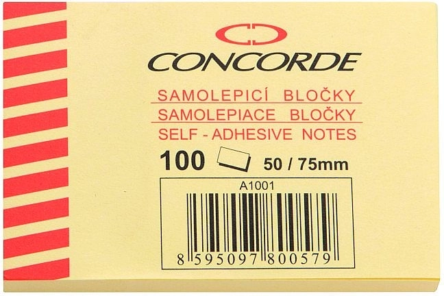 Pašlīmējošs blociņš CONCORDE 50 × 75 mm, dzeltens, 100 lapas