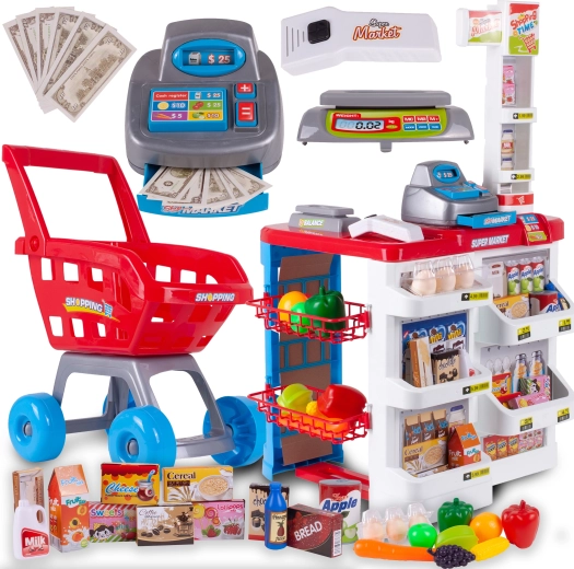 Bērnu veikals “Supermarket” ar kasi un iepirkumu ratiņiem