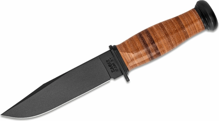 Taktiskais nazis KA-BAR Mark 1, 12,8 cm, melns, ādas rokturis, ādas maksts