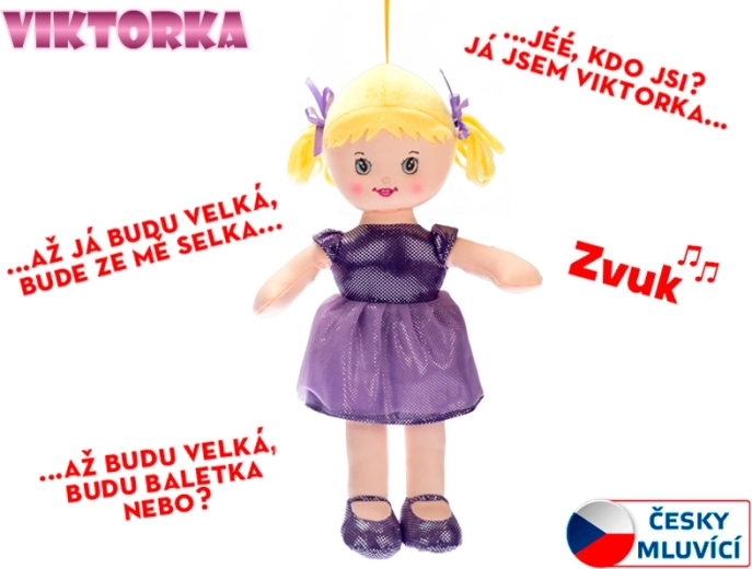 Lupatu lelle Viktorka (runājoša), 32 cm, violeta