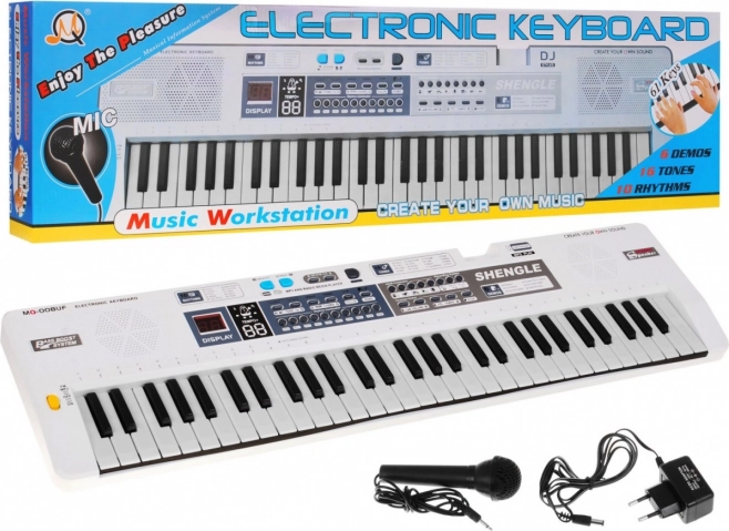 Balts bērnu klavieru komplekts ar mikrofonu, ierakstīšanu un stereo skaļruņiem