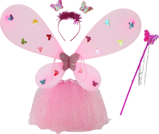 Bērnu tauriņfejas kostīms rozā ar izgaismotiem spārniem un tutu
