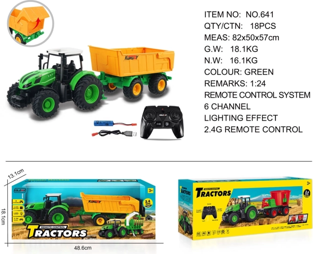 Tālvadības traktors ar atveramu dzeltenu piekabi 1:24