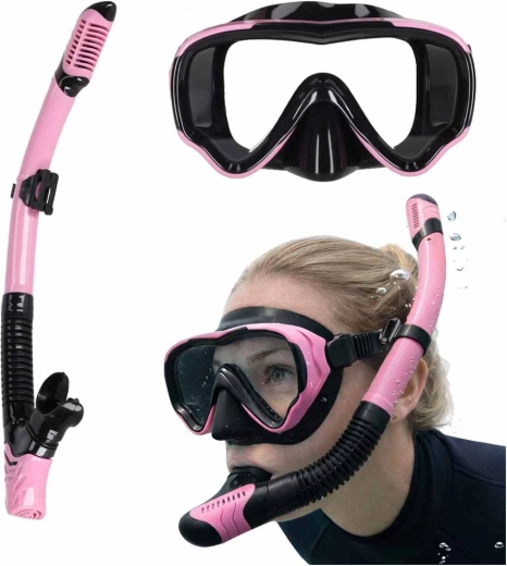 Pink‑black snorkeling set with panoramic mask and dry snorkel
