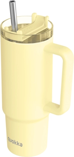 Stainless steel Quokka Vibe thermal mug in pastel yellow (Drop Safe) with stainless steel straw 880 ml