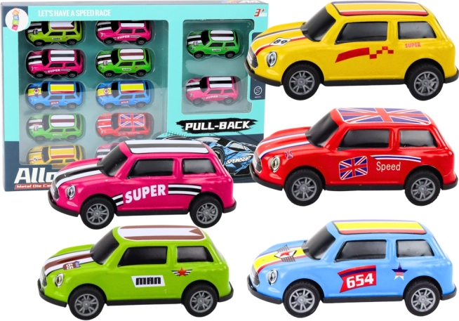 Set of metal pull-back toy cars, colorful collection of 12 pieces