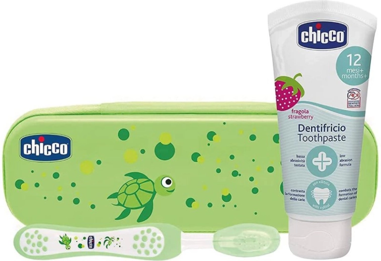 Chicco zobu birstītes un fluorīda zobu pastas komplekts maciņā Always Smiling, zaļš, 12 mēn.+