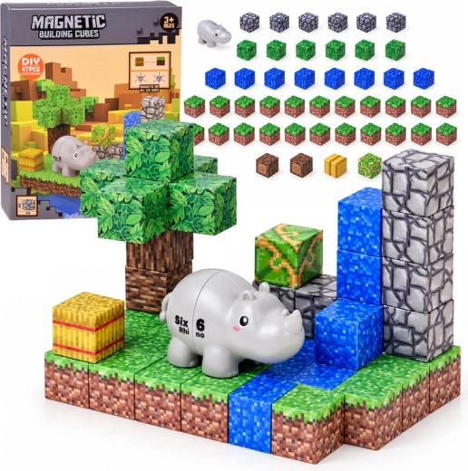 Magnetic Building Blocks with Rhinoceros, 47 Pieces
