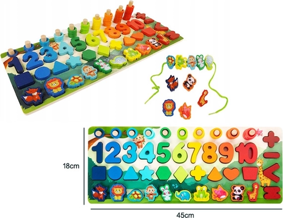 Wooden educational board with numbers, shapes and animals