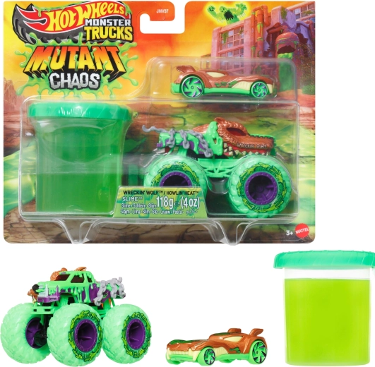 Hot Wheels monster truck Mutant chaos ar 2 transportlīdzekļiem un gļotām - 1 gab.