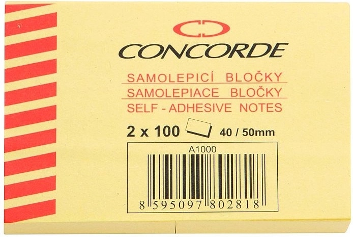 Pašlīmējošs piezīmju bloknotiņš dzeltens 40 × 50 mm CONCORDE, 2 × 100 lapas