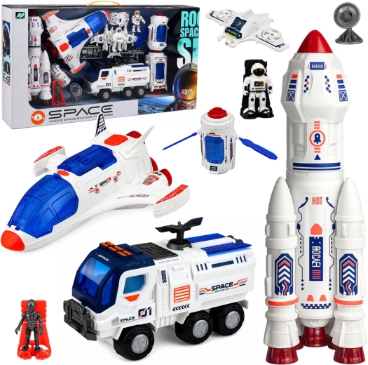 Large space set: station, rocket, space shuttle, exploration vehicle and astronauts