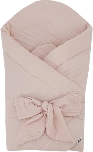 EKO muslin baby swaddle blanket with removable coconut insert and bow, powder pink, 75 × 75 cm