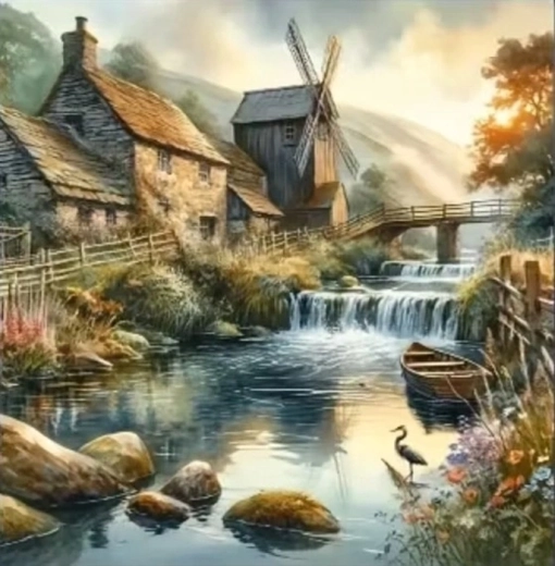 Norimpex dimanta gleznošana “Dzirnavas pie upes” 30 × 40 cm