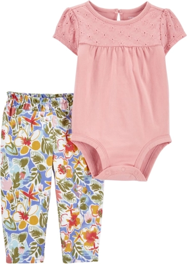 Carter's 2 daļu komplekts mazulim: bodijs ar īsām piedurknēm un legingi Pink Embroidery – NB