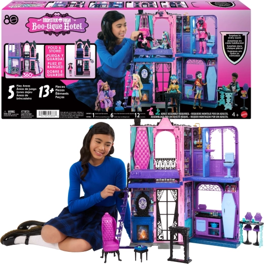 Monster High Boo-tique Hotel – saliekama spoku viesnīcas mājiņa ar mēbelēm un piederumiem