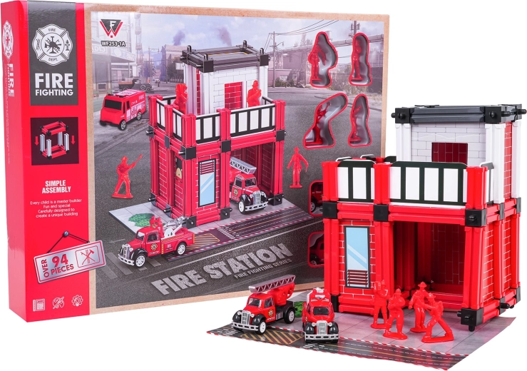 Fire Station Garage with Rescue Vehicles and Figures