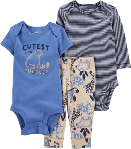 CARTER'S 3 daļu komplekts: bodijs ar īsām piedurknēm, bodijs ar garām piedurknēm un sporta bikses Blue Safari zēniem – NB, izm. L 56