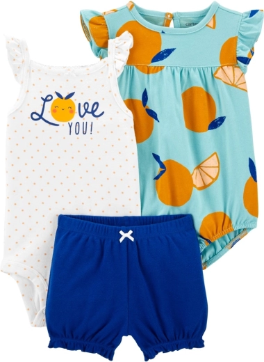 Carter’s 3 daļu komplekts: bodijs ar lencītēm, bodijs ar īsām piedurknēm un šortiņi (blue orange) meitenītei 6 mēn. – NB/izm. 56
