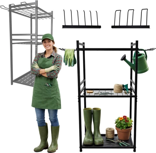 Metāla statīvs dārza darbarīkiem ar āķiem un plauktiem LUARO