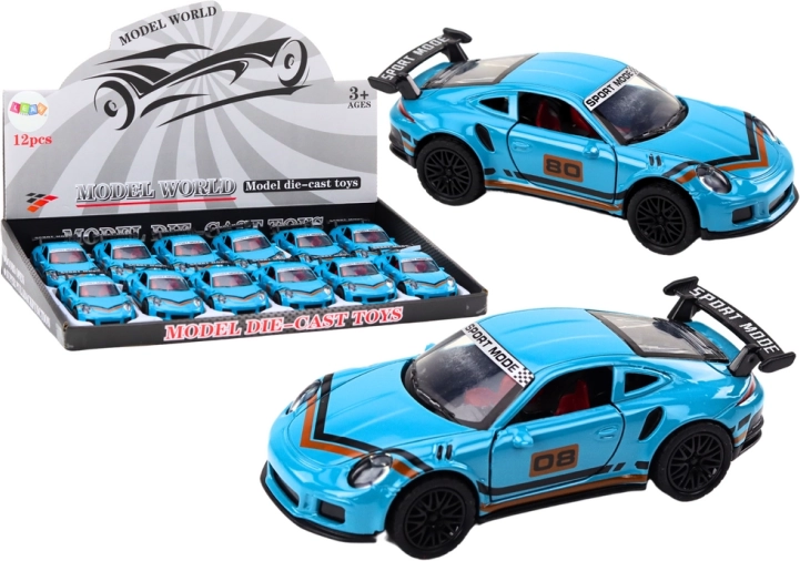 Metāla sporta auto modelis 1:32 ar figūriņu un spoileri – zils