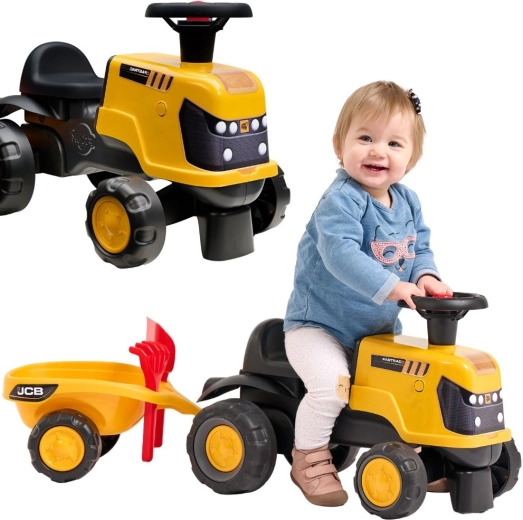 JCB Fastrac traktora stumjamā mašīna ar piekabi, lāpstiņu un grābekli