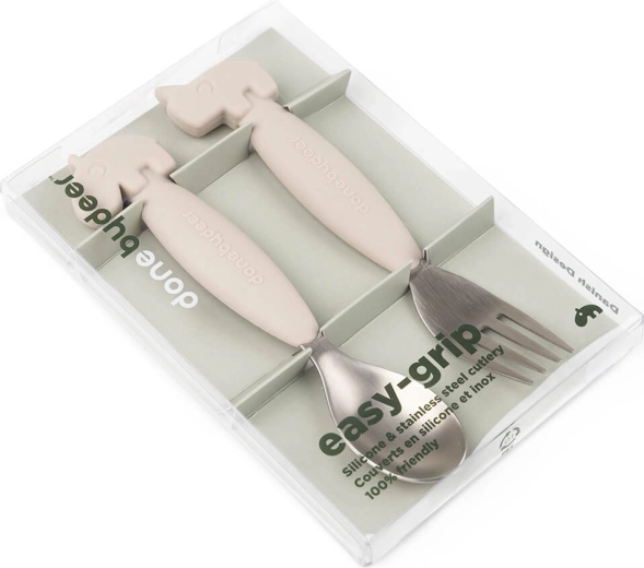 Done by Deer bērnu karotīšu un dakšiņu komplekts Easy-grip Deer friends, smilšu krāsa