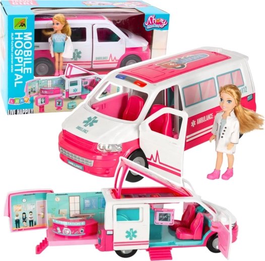 Mobilā slimnīca – 2‑in‑1 sanitārais auto ar ārstes lelli un medicīniskiem piederumiem
