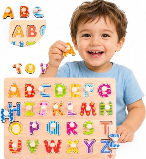 Tooky Toy Montessori koka ievietojamā puzle – alfabēts ar rokturiem