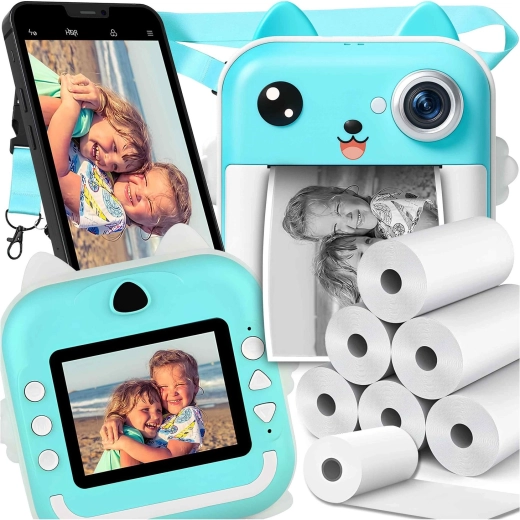 Children's Camera with Instant Thermal Printing and 6 Rolls of Paper – Blue