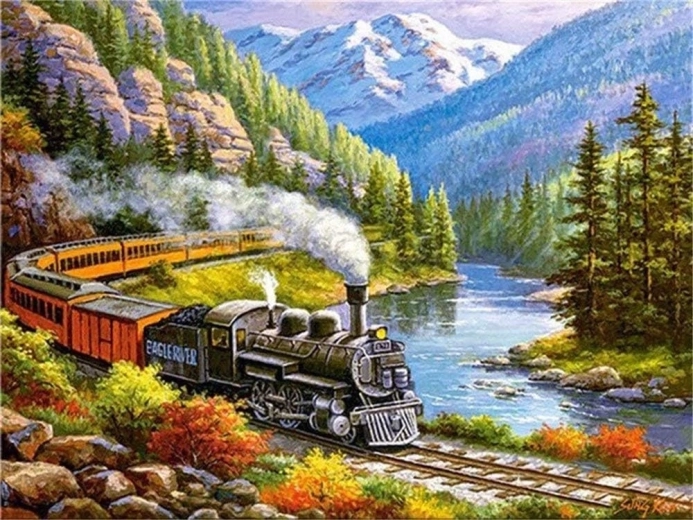 Dimanta gleznošana – vilciens kalnu ielejā 30 × 40 cm