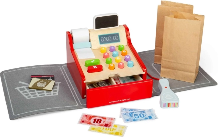 Koka bērnu kase BIGJIGS TOYS ar piederumiem