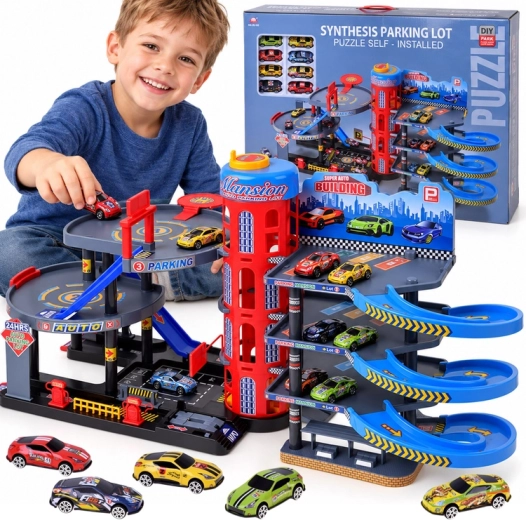 Large Multi-Level Parking Garage with Elevator, Ramps, and Toy Cars